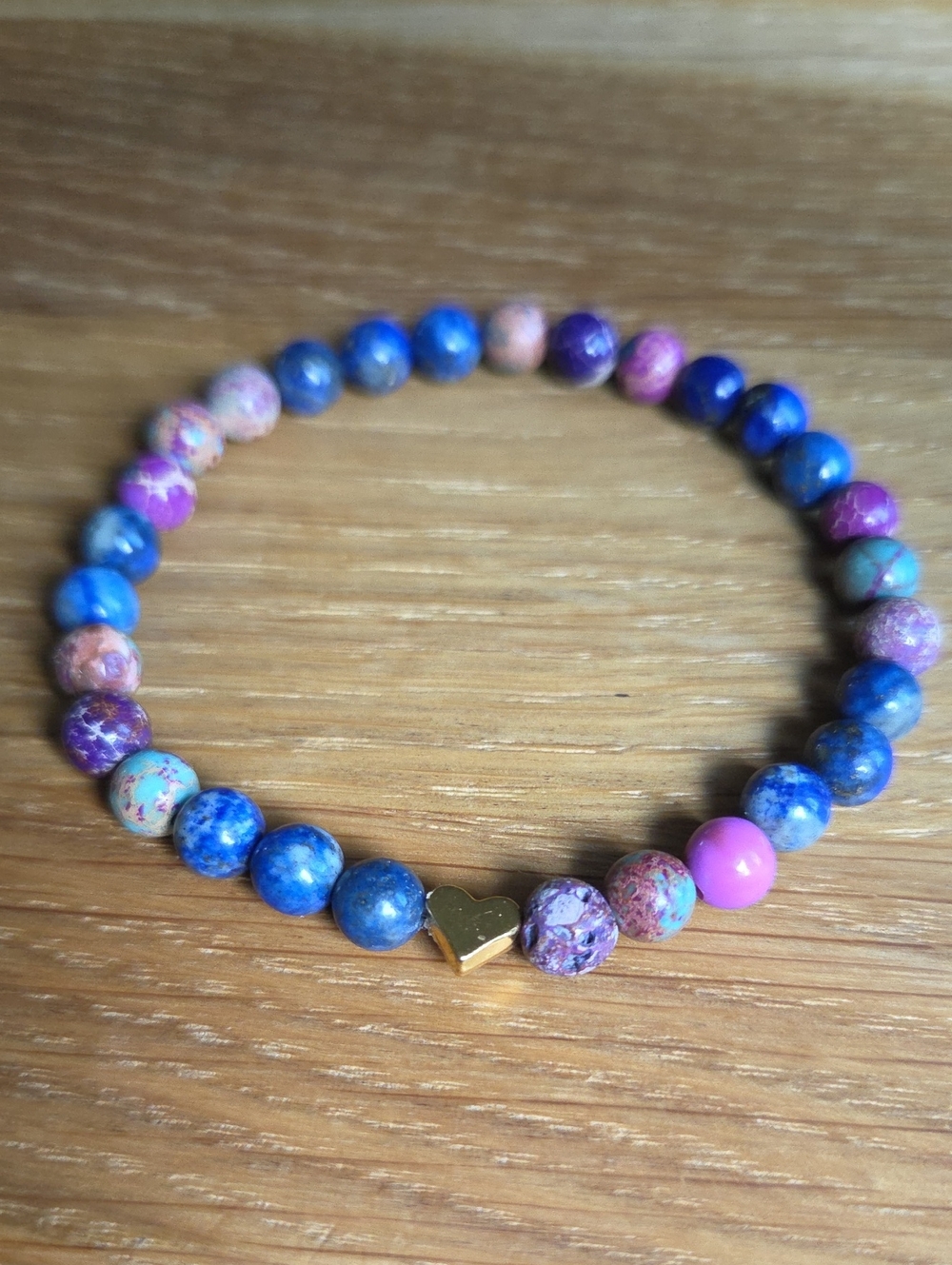 Lapis Lazuli & Imerial Sea Sediment Jasper Beaded Stretch Bracelet | Handmade - Picture 3 of 9